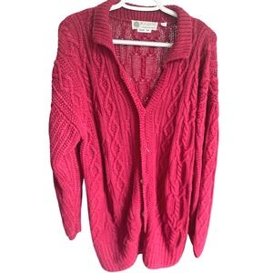 Vintage Hand Knit Red Cable‎ Knit Fisherman Sweater Button Front Woodland  M/L